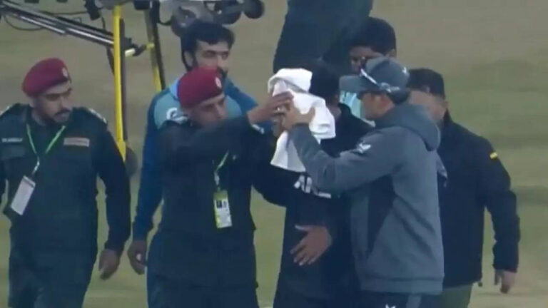 Watch: Face covered with towel, Ravindra off the field vs Pakistan