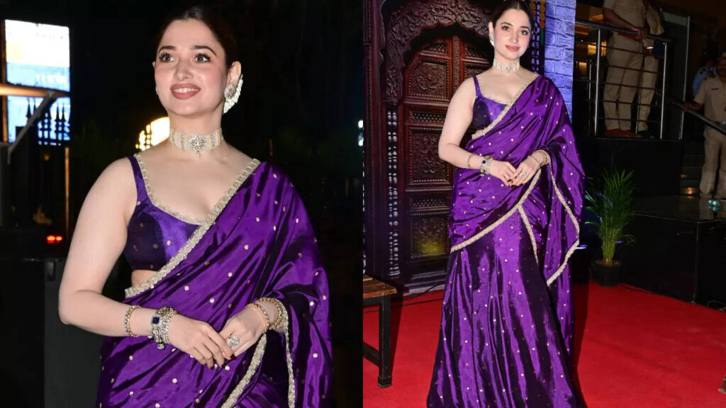 Tamannaah Bhatia stuns in purple Kashi brocade saree