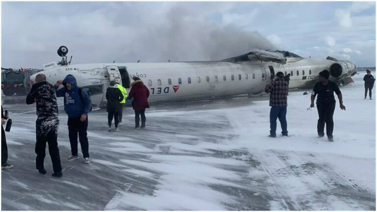 Delta flight crashes at Toronto airport, pic shows plane upside down on snowy runway